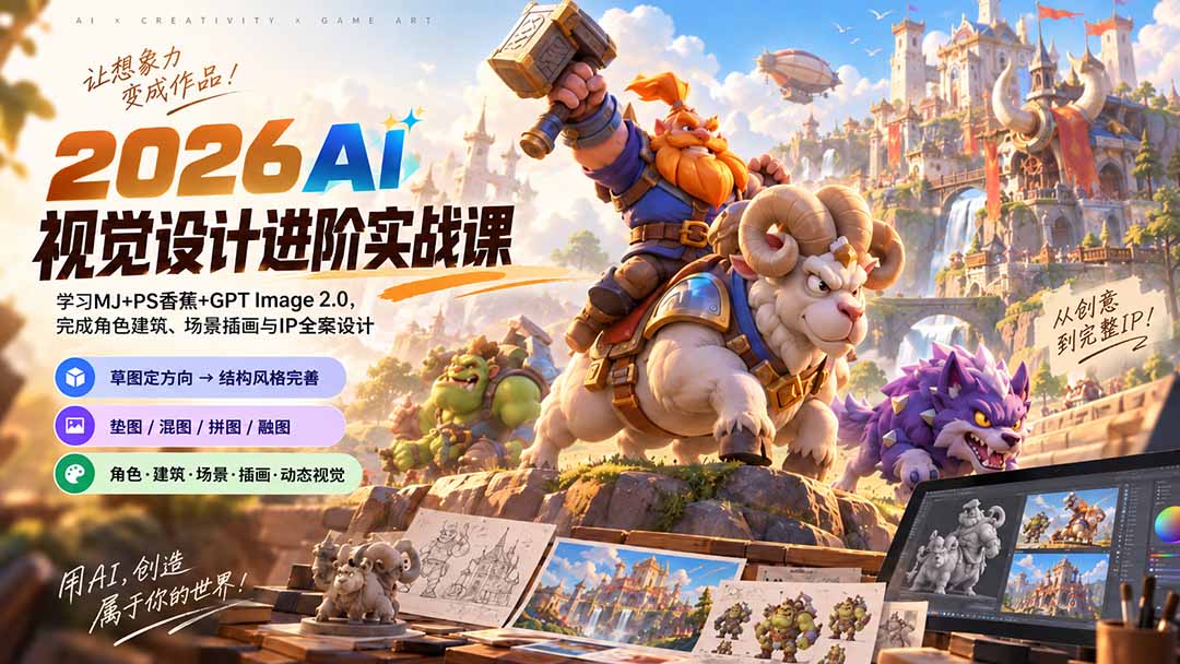 2026AI视觉设计进阶实战课-更新1007：学习MJ+PS香蕉+GPT Image 2.0，完成角色建筑、场景插画与IP全案设计-聊项目