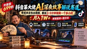 外面卖699抖音某大佬AI深夜故事解说赛道-更新：0成本豆包出视频+解说3-5分钟视频一个多小时，月入1W+附智能体+提示词-聊项目