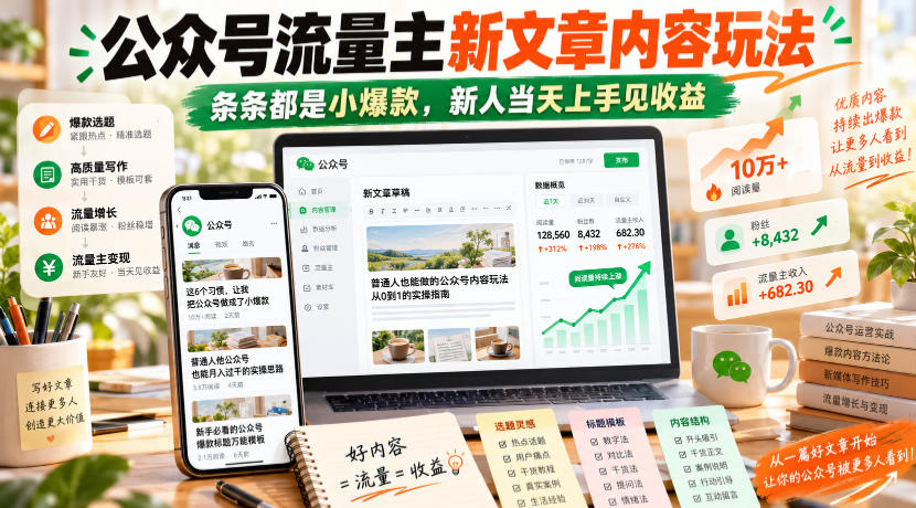 公众号流量主新文章内容玩法，条条都是小爆款，新人当天上手见收益-聊项目