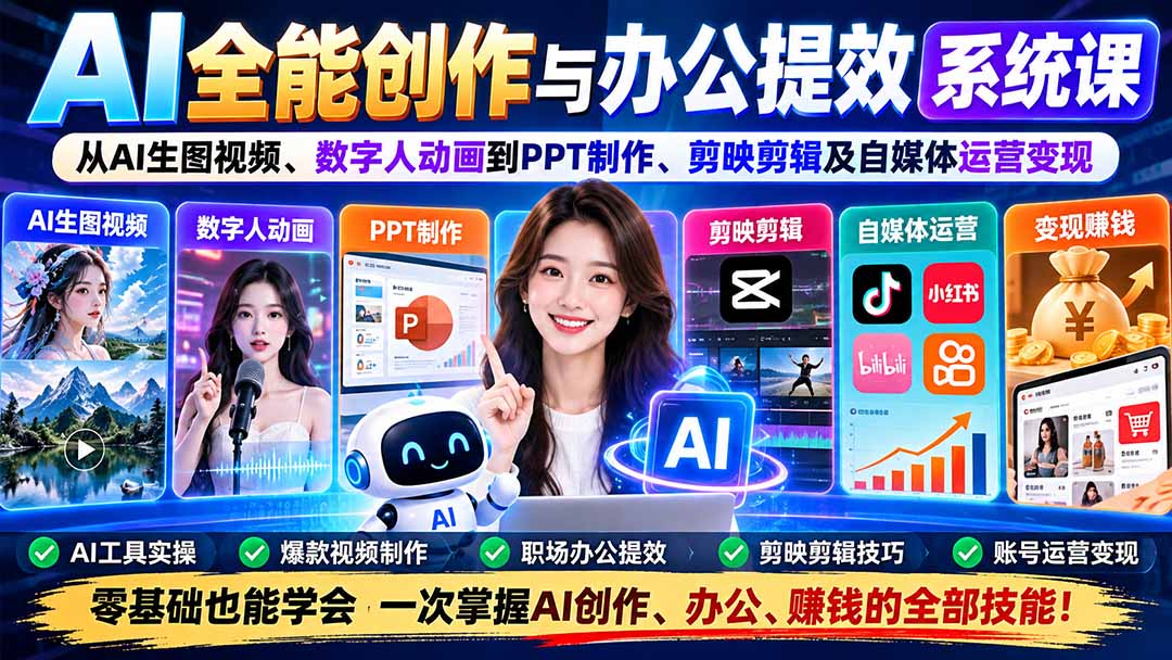 AI全能创作与办公提效系统课：从AI生图视频、数字人动画到PPT制作、剪映剪辑及自媒体运营变现-聊项目