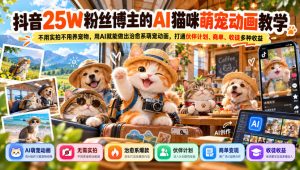 抖音25W粉丝博主的AI猫咪萌宠动画教学,不用实拍不用养宠物,用AI就能做出治愈系萌宠动画,打通伙伴计划、商单、收徒多种收益-聊项目