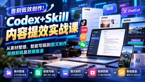 【无水印】告别低效创作!Codex+Skill内容提效实战课:从素材整理、智能写稿到图文制作、视频剪辑及数据复盘-聊项目