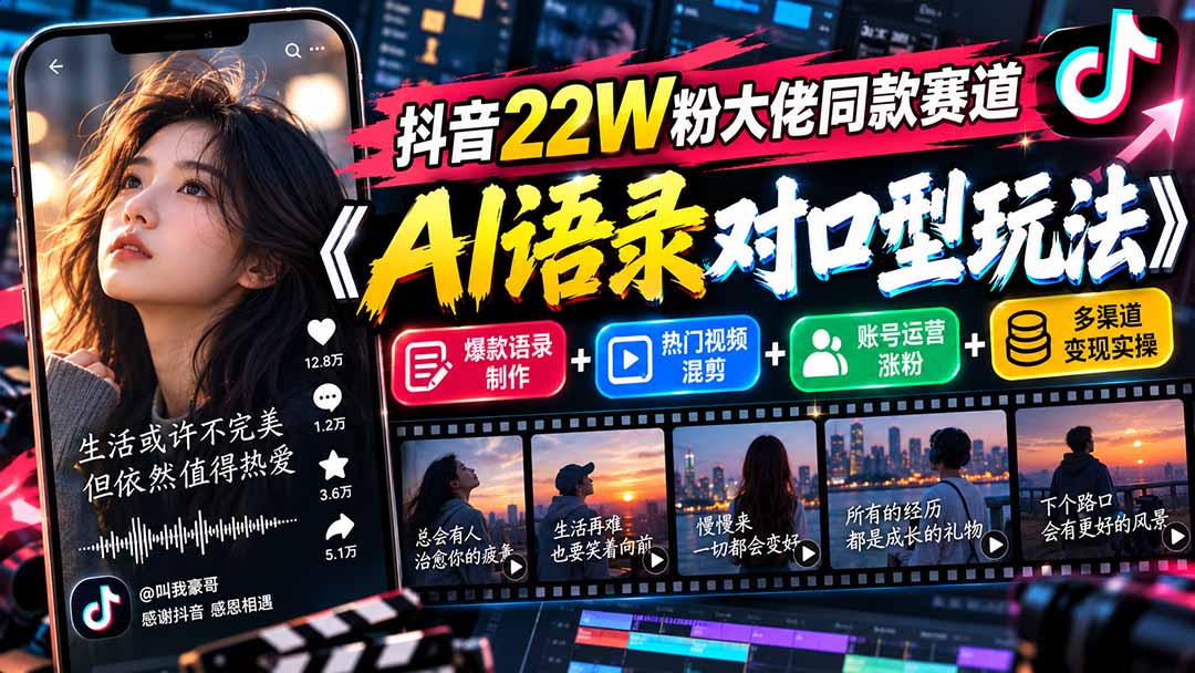 抖音22W粉大佬同款赛道《AI语录对口型玩法》：爆款语录制作+热门视频混剪+账号运营涨粉+多渠道变现实操-聊项目