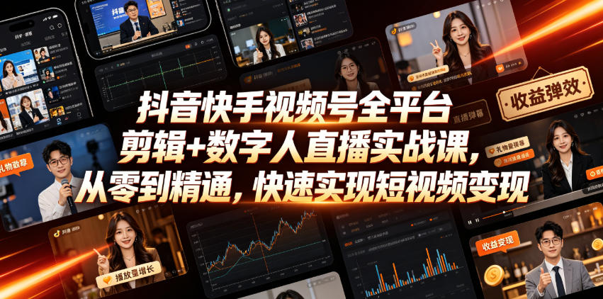 抖音快手视频号全平台剪辑+数字人直播实战课，从零到精通，快速实现短视频变现(更新2026年10月)​-聊项目