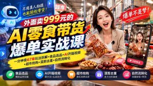 外面卖999元的AI零食带货爆单实战课|一分钟卖67单玩法拆解+食品选品+AI开箱视频+超市抢购+混剪去重+自然流转化-聊项目