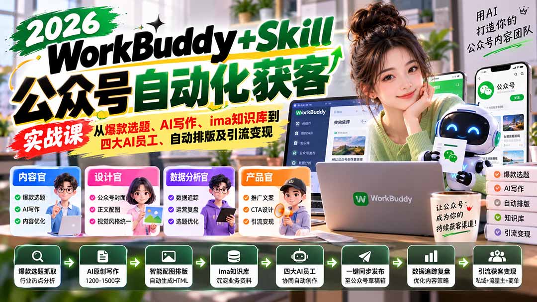 WorkBuddy + Skill公众号自动化获客实战课：从爆款选题、AI写作、ima知识库到四大AI员工、自动排版及引流变现-聊项目