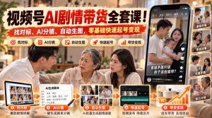 视频号AI剧情带货全套课！找对标、AI分镜、自动生图，零基础快速起号变现-聊项目