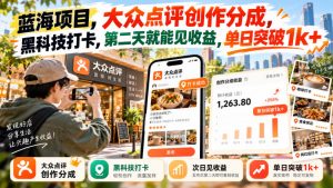 蓝海项目，大众点评创作分成，黑科技打卡，第二天就能见收益，单日突破1k+【揭秘】-聊项目
