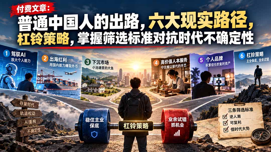 付费文章：普通中国人的出路，六大现实路径，杠铃策略，掌握筛选标准对抗时代不确定性-聊项目