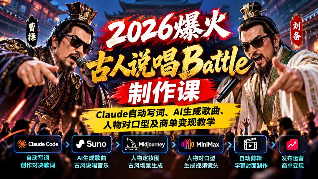 2026爆火古人说唱Battle制作课：Claude自动写词、AI生成歌曲、人物对口型及商单变现教学-聊项目