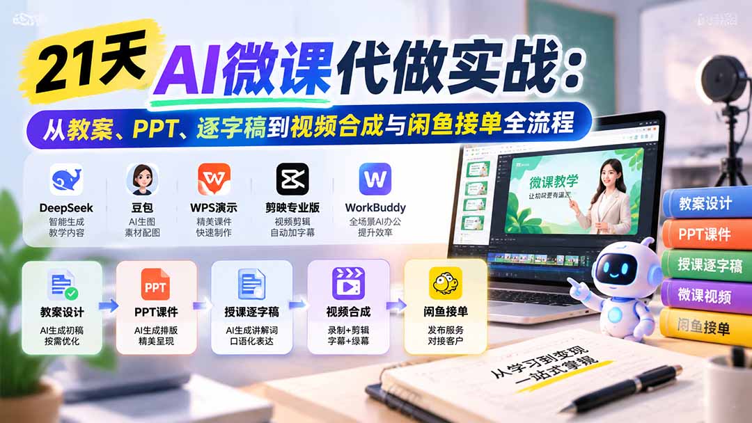 21天AI微课代做实战：从教案、PPT、逐字稿到视频合成与闲鱼接单全流程-聊项目