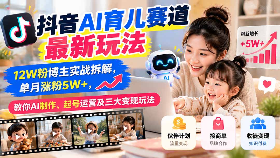 抖音AI育儿赛道最新玩法：12W粉博主实战拆解，单月涨粉5W+，教你AI制作、起号运营及三大变现玩法-聊项目