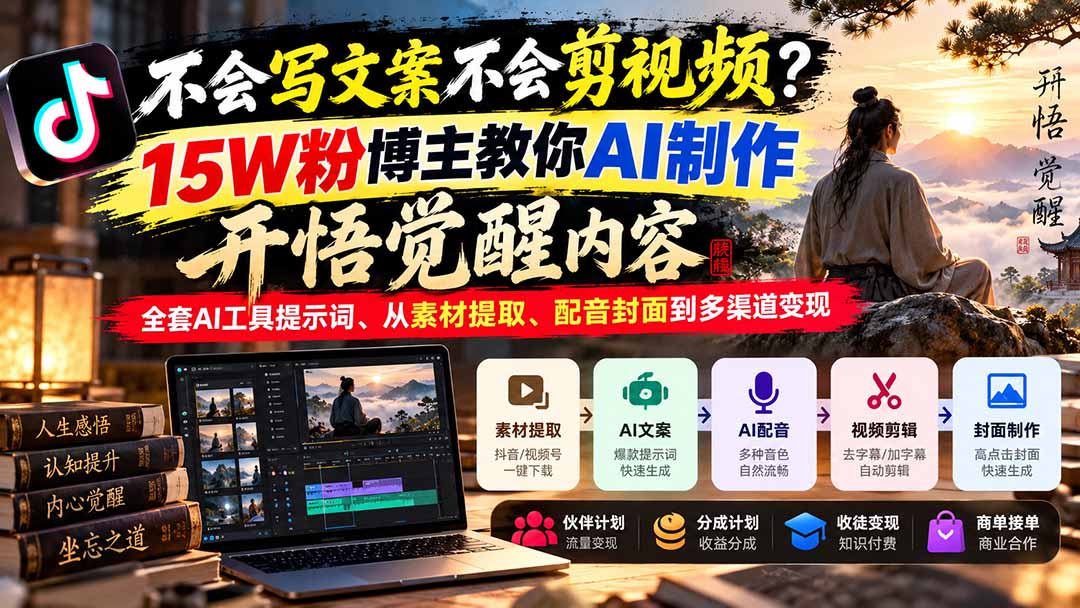 不会写文案不会剪视频？15W粉博主教你AI制作开悟觉醒内容，全套AI工具提示词、从素材提取、配音封面到多渠道变现-聊项目
