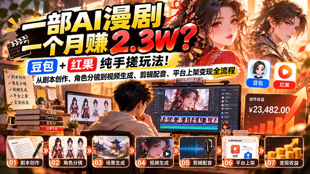 一部AI漫剧一个月赚2.3W？豆包+红果纯手搓玩法！从剧本创作、角色分镜到视频生成、剪辑配音、平台上架变现全流程-聊项目