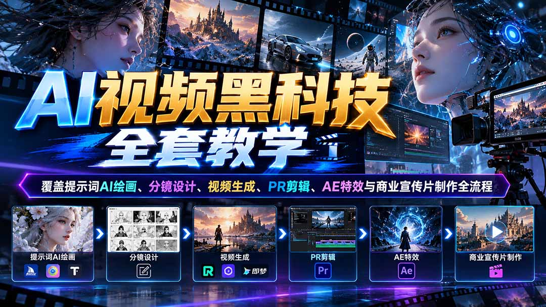 AI视频黑科技全套教学：覆盖提示词AI绘画、分镜设计、视频生成、PR剪辑、AE特效与商业宣传片制作全流程-聊项目