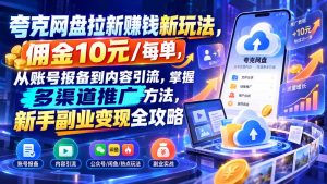 夸克网盘拉新赚钱新玩法,佣金10元/每单,从账号报备到内容引流,掌握多渠道推广方法,新手副业变现全攻略-聊项目