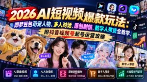 2026AI短视频爆款玩法:即梦豆包萌宠人物、多人对话、原创剧情、数字人带货全教学,附抖音视频号起号运营攻略-聊项目