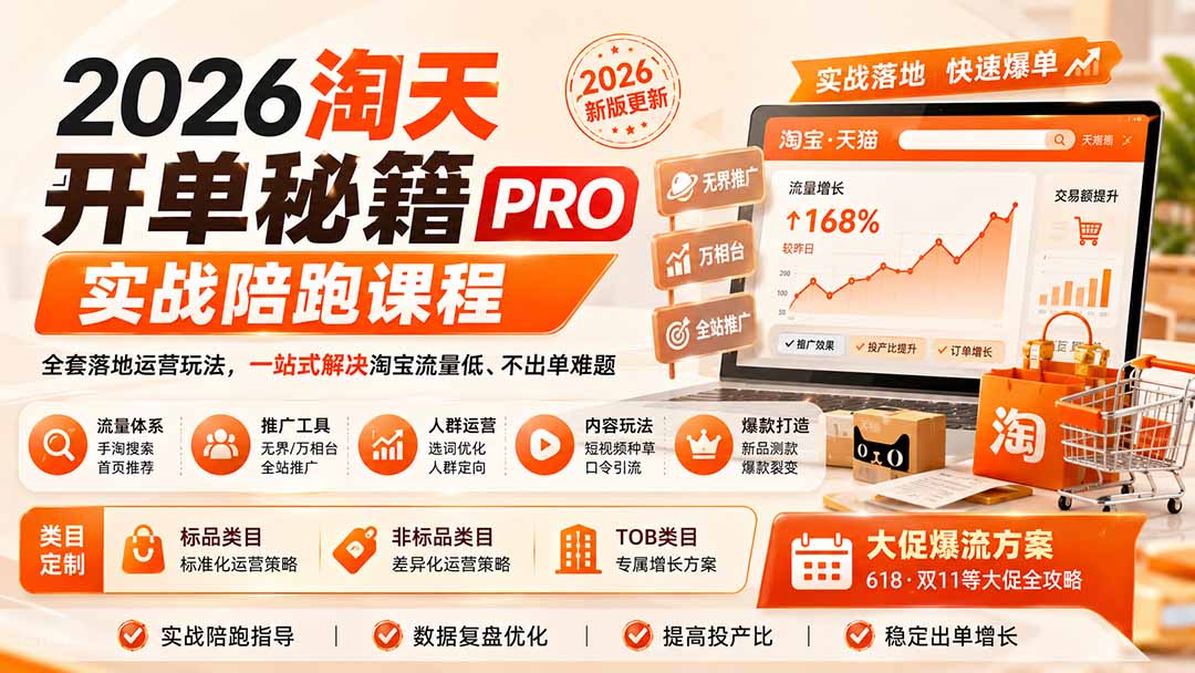2026淘天开单秘籍PRO实战陪跑课程-更新1023：全套落地运营玩法，一站式解决淘宝流量低、不出单难题-聊项目