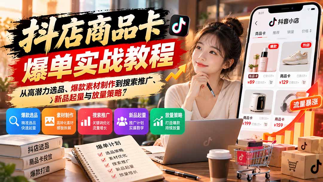 抖店商品卡爆单实战教程：从高潜力选品、爆款素材制作到搜索推广、新品起量与放量策略-聊项目