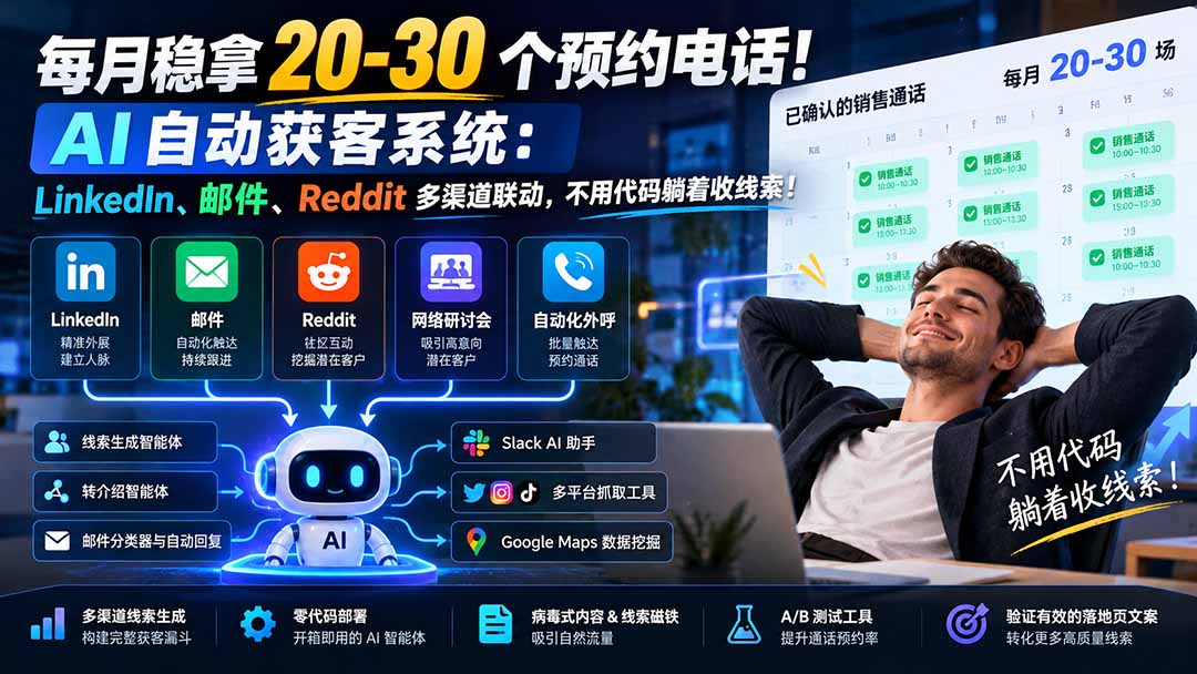 每月稳拿 20-30 个预约电话！AI 自动获客系统：LinkedIn、邮件、Reddit 多渠道联动，不用代码躺着收线索！-聊项目