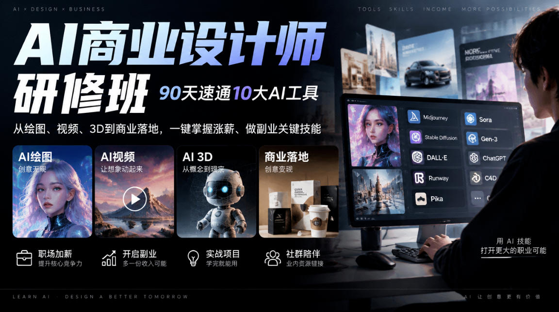 AI商业设计师研修班，90天速通10大AI工具，从绘图、视频、3D到商业落地，一键掌握涨薪、做副业关键技能-聊项目