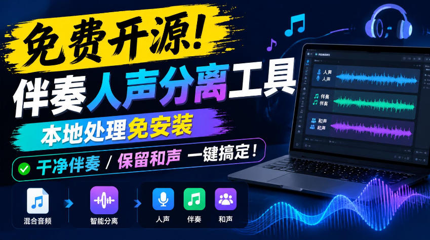 免费开源！伴奏人声分离工具，本地处理免安装，干净伴奏，保留和声一键搞定！-聊项目