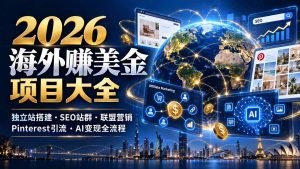 2026海外赚美金项目大全:独立站搭建、SEO站群、联盟营销、Pinterest引流与AI变现全流程-聊项目