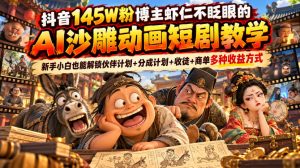 抖音145W粉博主虾仁不眨眼的AI沙雕动画短剧教学，新手小白也能解锁伙伴计划+分成计划+收徒+商单多种收益方式-聊项目