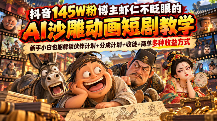 抖音145W粉博主虾仁不眨眼的AI沙雕动画短剧教学，新手小白也能解锁伙伴计划+分成计划+收徒+商单多种收益方式-聊项目