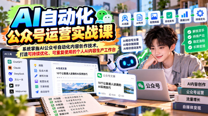 AI自动化公众号运营实战课，系统掌握AI公众号自动化内容创作技术，打造可持续优化、可重复使用的个人AI内容生产工作台-聊项目