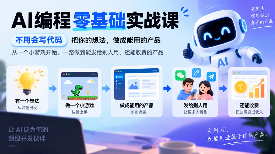 AI编程零基础实战课，不用会写代码，把你的想法，做成能用的产品，从一个小游戏开始，一路做到能发给别人用、还能收费的产品-聊项目