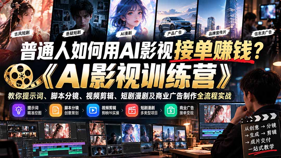 普通人如何用AI影视接单赚钱？《AI影视训练营》教你提示词、脚本分镜、视频剪辑、短剧漫剧及商业广告制作全流程实战-聊项目