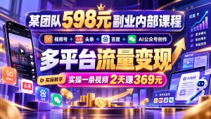 某团队598元副业内部课程：视频号+头条+百度+AI公众号创作、多平台流量变现，实操一条视频2天赚369元-聊项目