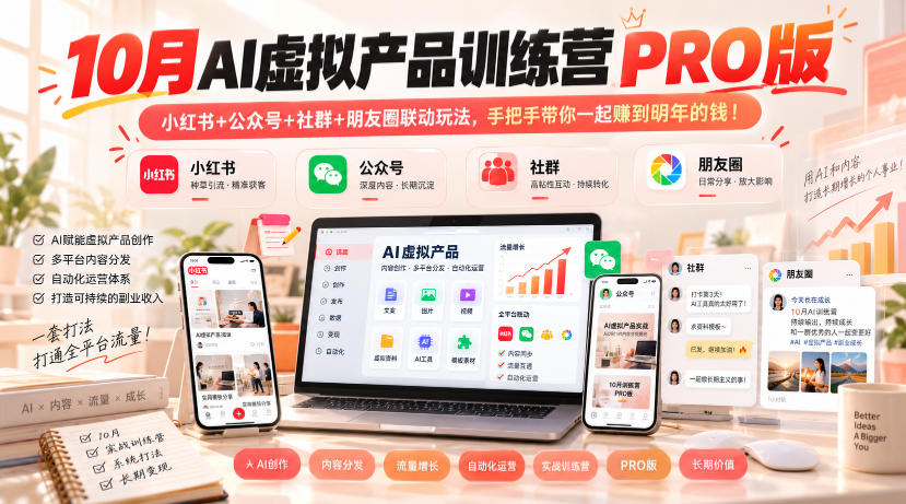10月AI虚拟产品训练营PRO版，小红书+公众号+社群+朋友圈联动玩法，手把手带你一起赚到明年的钱！(更新1029)-聊项目