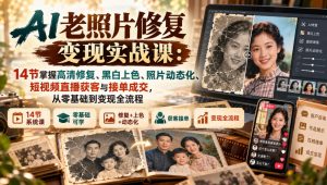 AI老照片修复变现实战课:14节掌握高清修复、黑白上色、照片动态化、短视频直播获客与接单成交,从零基础到变现全流程-聊项目